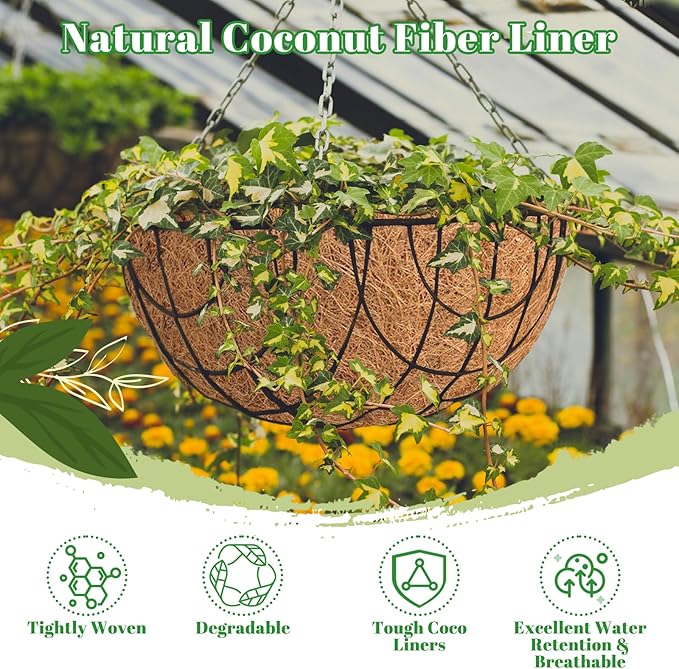 Riare 4 Pack 10 Inch Round Coco Liners Replacement, 100% Natural Coconut Coir Liners for Hanging Baskets, Garden Flower Vegetables Planter Pot, Window Box, Fence, Decks
