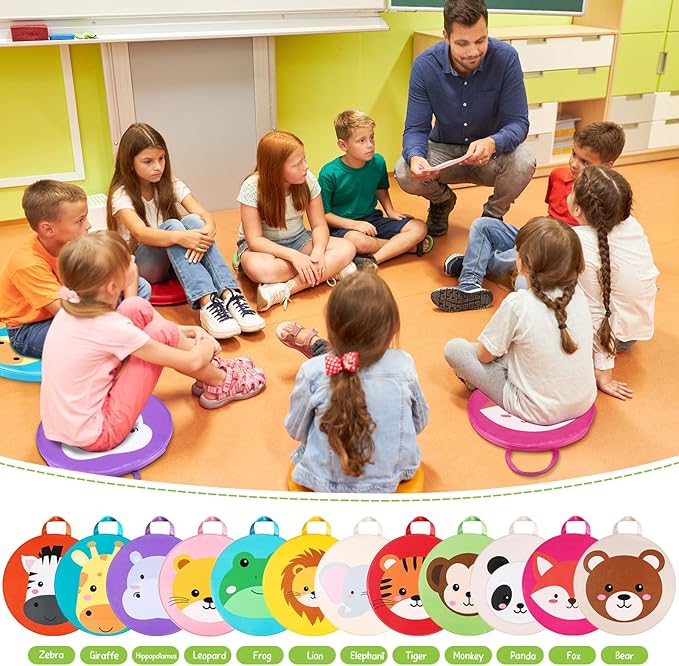 Suzile 12 Pcs Cartoon Kids Floor Cushions for Classroom, Round Flexible Seating with Handle, Soft Waterproof Floor Pillow with Cute Animals Patterns for Home Daycare Preschool Kindergarten, 12 Styles