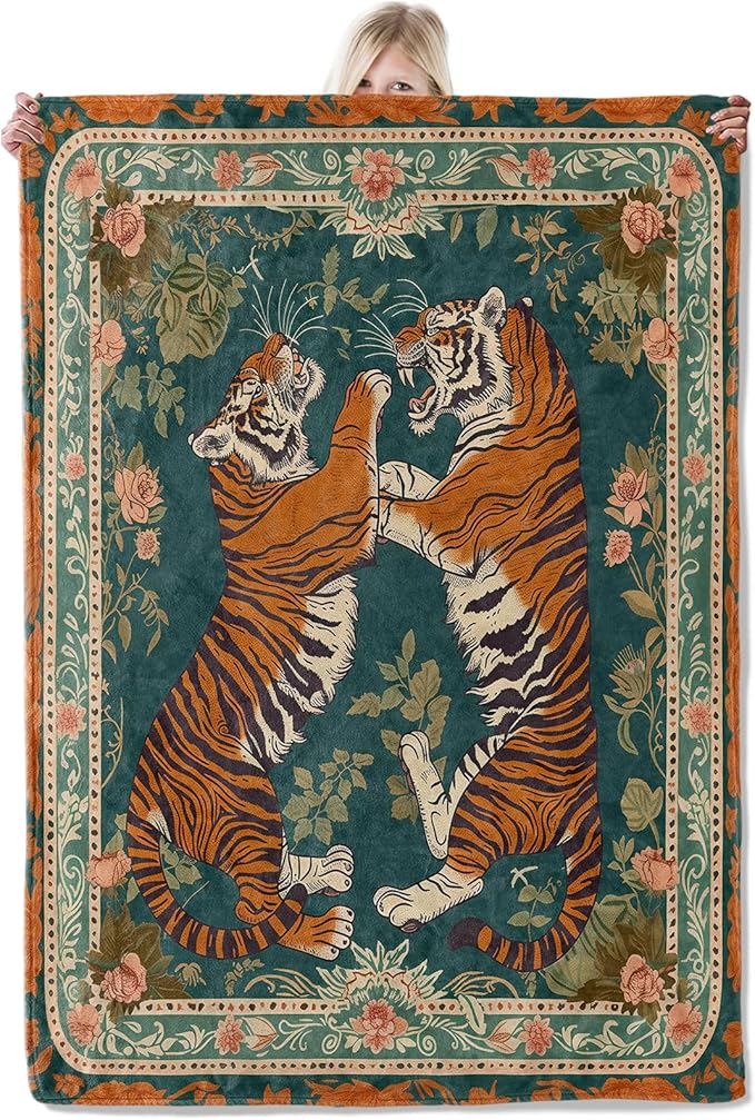 Vintage Tiger Floral Flannel Blanket 60x80in,Fierce Symmetrical Big Cat Design with Ornate Botanical Border,Soft Lightweight Throw for Animal Lovers,Boho Decor and Jungle Aesthetic Fans Gifts