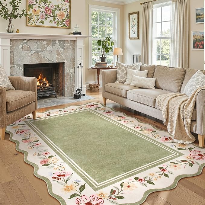 Lahome Floral Scalloped Rug 5x7, Green Rugs for Living Room Ultra-Thin, Vintage Boho Washable Area Rug 5x7 Soft Bedroom Rugs Non-Slip Throw Carpet for Farmhouse Dining Room Playroom Ariele