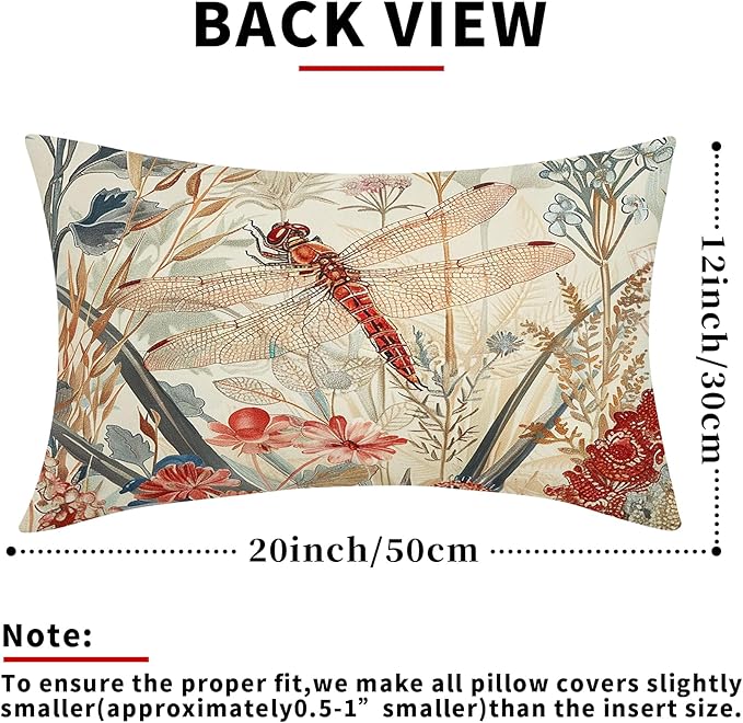 Kawani Summer Dragonfly Lumbar Pillow Covers 12X20 Inch Red Floral Flower Botanical Nature Decorative Pillow Cases Set of 2 Vintage Farmhouse Throw Pillows for Cushion Sofa Couch Outdoor