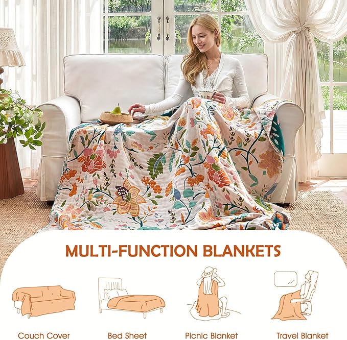 Boho Throw Blanket - 90"x108" 100% Cotton Ultra Soft Lightweight Blanket, 4-Layer Breathable Muslin Spring Blankets for Bed Couch, Reversible Green Floral Printed Bohemian Cotton Quilt