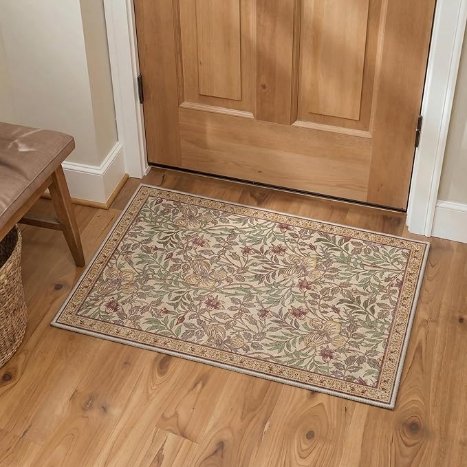 GENIMO Area Rug 2x3 Doormat, Machine Washable Low Pile Rugs, Small Retro Chenille Entryway Mat for Entrance, Hallway, Kitchen and Corridor, Floral Terracotta