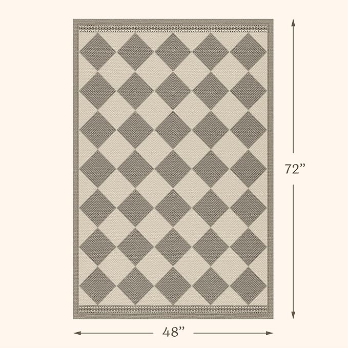 Diamond Corner Easy Jute Rug 4x6, Large Checkered Farmhouse Indoor Outdoor Patio Carpet for Backyard, Porch Decor, Low Profile Washable Non Slip Light Gray Area Rug for Living Room, Bedroom, Entryway
