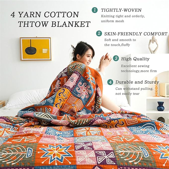 MSGKV Spring Cotton Throw Boho Blanket for Couch Bed, 60''x80'' Muslin Brathable Lightweight Travel Decor Blanket for Bedroom