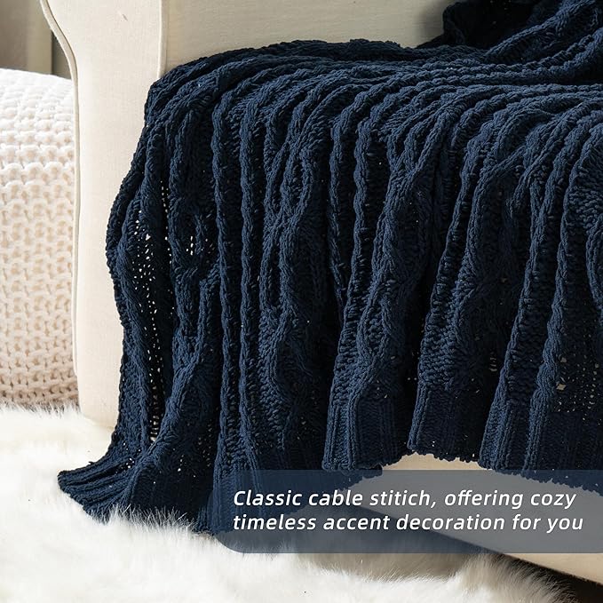Battilo Navy BlueThrow Blanket for Couch, 51"x67", Chenille Knit Throw Blanket, Super Soft Warm Blanket, Decorative Christmas Textured Throw Blanket for Bed,Living Room