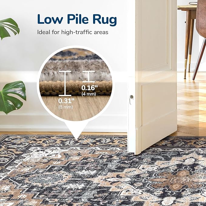 Lessymo 2 x 3 Entryway Rug, Machine Washable Area Rugs Boho Faux Wool Low Pile Area Rug for Bedroom, Floral Medallion Vintage Outdoor Rugs with Non-Slip Rubber,Black Brown