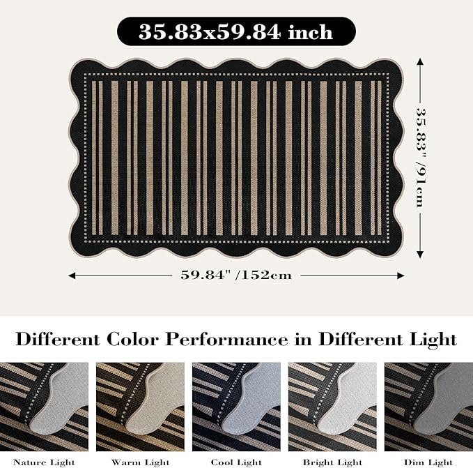 Striped Easy Jute Outdoor Patio Rug, 3x5 Washable Rugs for Entryway Indoor Outdoor Living Room Area Rug, Farmhouse Non Slip Black Carpet for Backyard Bedroom Porch