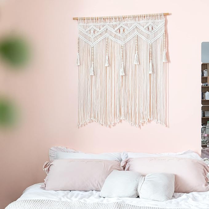 Mkono Macrame Wall Hanging Large Boho Decor Woven Wall Tapestry Chic Art Tassel Christmas Decoration for Backdrop over Bed Bedroom Nursery Dorm Classroom, Including Hanging Rod, 33''W x 42''H