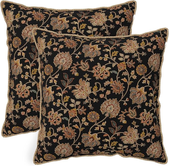Vintage Tapestry Floral Soft Velvet Throw Pillow Covers Set of 2 Black Brown Bohemian Boho Carpet Flowers Decorative Pillow Covers 16x16 Inch Rustic Retro Rug Pillow Case For Sofa Couch Home Decor