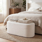 Giantex Stuffed Pouf Ottoman Bench, 47" Plush Corduroy End of Bed Bench with High-Density Sponge, Oval Ottoman Foot Rest for Living Room, Entryway, Hallway, Beige