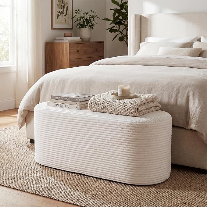 Giantex Stuffed Pouf Ottoman Bench, 47" Plush Corduroy End of Bed Bench with High-Density Sponge, Oval Ottoman Foot Rest for Living Room, Entryway, Hallway, Beige