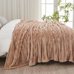 NEWCOSPLAY Super Soft Queen Blanket Taupe Premium Silky Flannel Fleece 3D Ribbed Jacquard Lightweight Bed Blanket All Season Use (Taupe Ribbed, Queen(90"x90"))