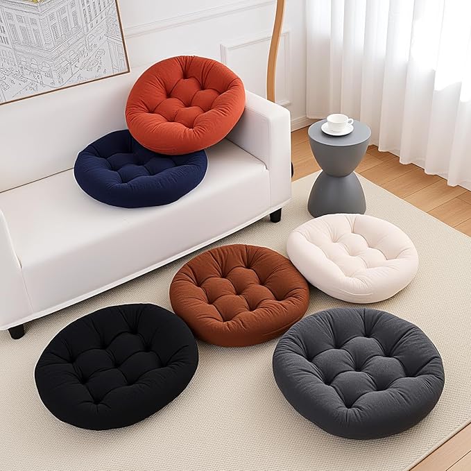 2Pcs Floor Pillows for Adults, 22x22 Inch Meditation Cushions, Large Round Sitting Cushion Living Room Memory Foam Pillow for Sitting (4, Black, 22x22x4 Inch)