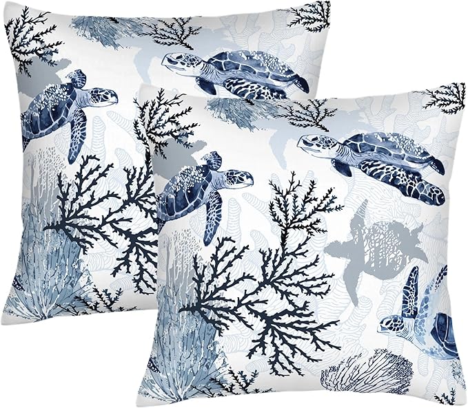 Cute Nautical Blue Pillow Covers Set of 2, Coastal Beach Themed Coral Sea Turtle Navy Decorative Throw Pillows Cases Cushion Cover for Couch Sofa Bedroom Living Room Car, Home Decor, 18x18 Inch, Blue