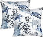 Cute Nautical Blue Pillow Covers Set of 2, Coastal Beach Themed Coral Sea Turtle Navy Decorative Throw Pillows Cases Cushion Cover for Couch Sofa Bedroom Living Room Car, Home Decor, 18x18 Inch, Blue