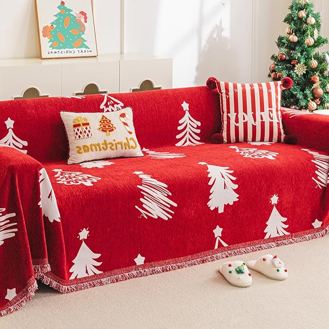 hyha Couch Cover for Dogs, Boho Sofa Covers for 3 Cushion Couch Washable, Chenille Sofa Slipcover for Pets, Soft Loveseat Sectional Couch Throw Blankets with Tassels (Red Christmas Tree, 71x118 Inch)