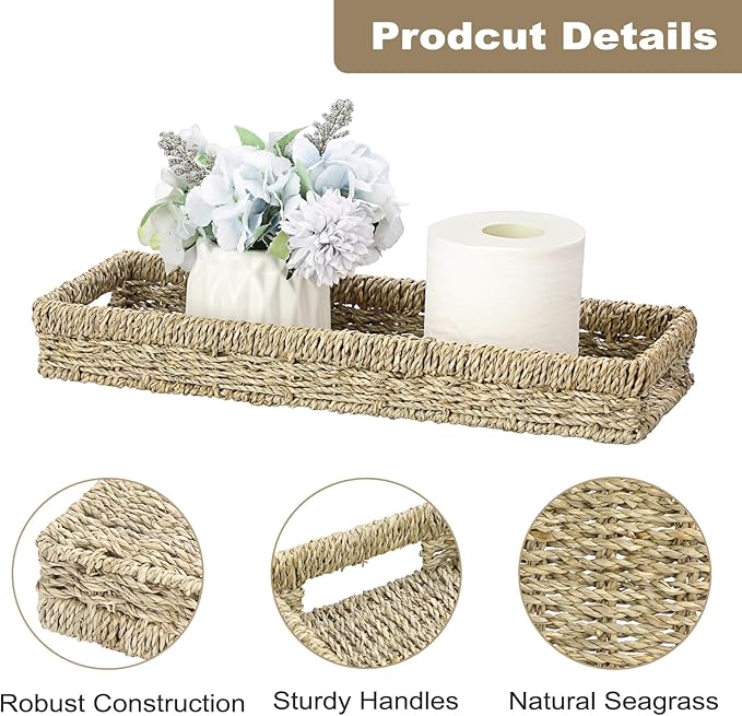 Bathroom Vanity Tray, Seagrass Long Narrow Counter Tray with Handles, Decorative Woven Organizer Trays for Toilet Tank, Shelves, Farmhouse Hand Towel Basket Holder for Storage, Natural (Large)