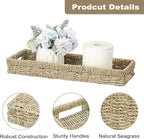 Bathroom Vanity Tray, Seagrass Long Narrow Counter Tray with Handles, Decorative Woven Organizer Trays for Toilet Tank, Shelves, Farmhouse Hand Towel Basket Holder for Storage, Natural (Large)