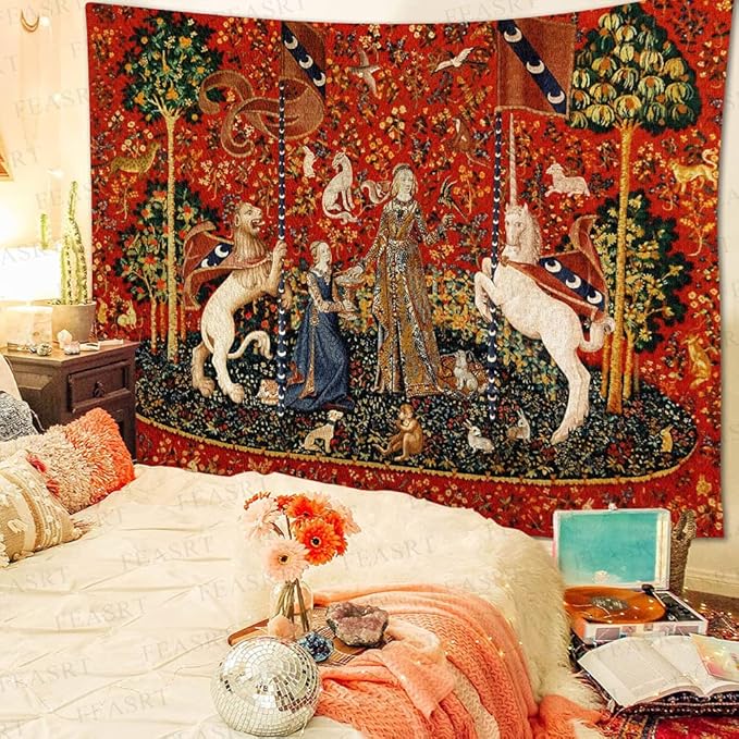 FEASRT Medieval Lady Tapestry Maiden and Unicorn, Large 93x71 Inches Soft Flannelette, for Bedroom Living Room Apartment Dorm