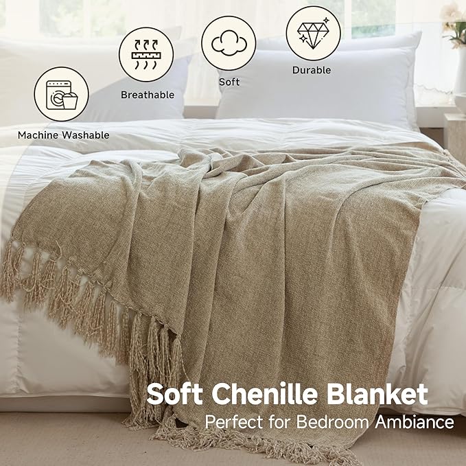 Simple&Opulence Soft Chenille Throw Blanket 50'' x 60'' - Cozy Fluffy Blanket with Fringe Tassel, Farmhouse Boho Blankets for Couch Bed Office Chair Gift Home Decor All Season Use, Khaki