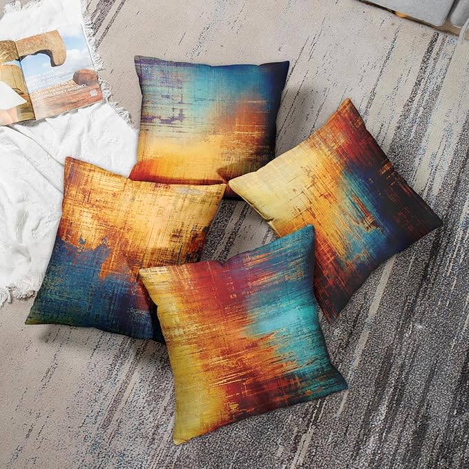 Emvency Set of 4 Throw Pillow Covers Vintage Abstract Blue and Orange Messy Rust Painting Decorative Pillow Cases Home Decor Standard Square 20x20 Inches Pillowcases