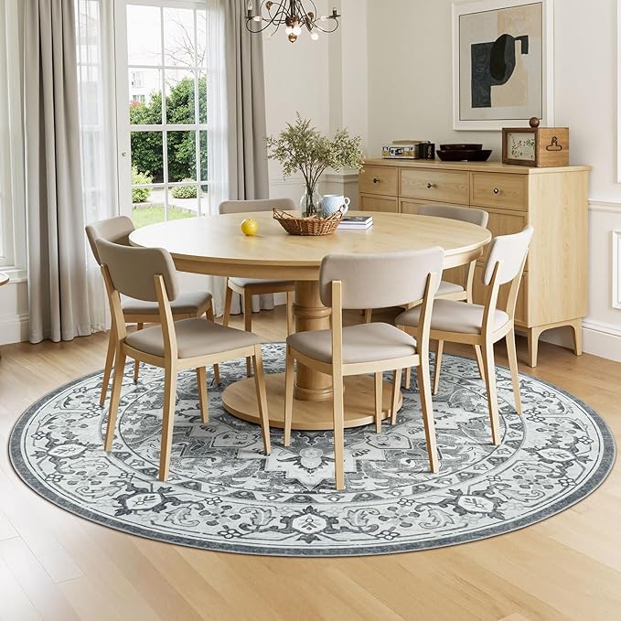 Lessymo 6FT Washable Round Area Rugs for Living Room, Non Slip Circle Rugs Low Pile Vintage Carpet for Bedroom, Dining Room, Nursery, Home Office, Grey Beige