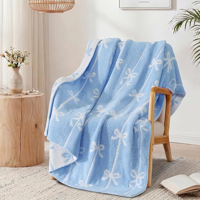 WRENSONGE Throw Blanket Vertical Stripes Bowknot Blue Soft Cozy Fluffy Warm Throw for Couch Sofa Bed Camping Picnic Travel Lightweight - 50"*60"