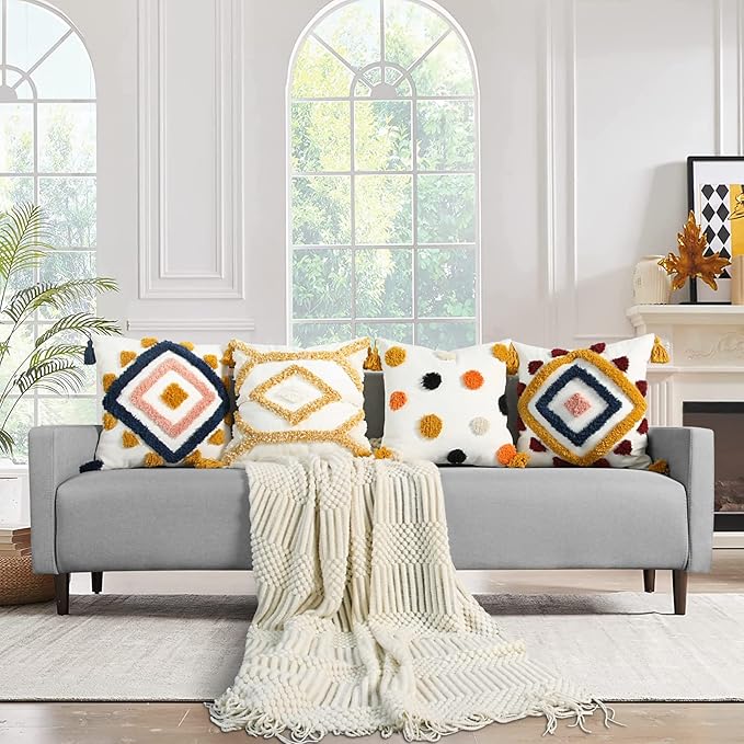 Merrycolor Boho Throw Pillow Covers 18x18 Yellow Orange Pom Pom Tufted Decorative Pillow Covers with Tassels Woven Bohemian Pillow Case Modern Accent Square Cushion Cover for Couch Sofa Bedroom