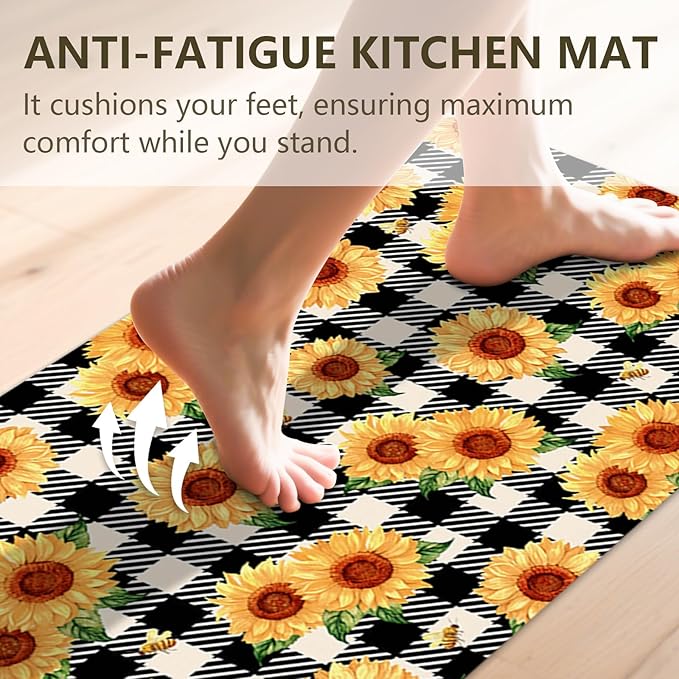 Sunflower Rugs for Kitchen Floor, Anti Fatigue Mats for Kitchen Floor Non Slip, 2PCS Rubber Kitchen Mat, Farmhouse Washable Cushioned Carpet Rug for Sink Laundry 5.7"×27.5" +15.7"×47" Black and White