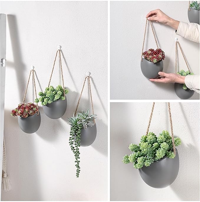 Set of 3 Ceramic Hanging Planters for Small Plants & Artificial Greenery, Wall Decor for Bathroom Living Room Bedroom Home Office Corridors
