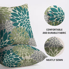 Teal Green Grey Gray Pillow Covers 22X22 Inch Set of 2, Modern Dahlia Floral Print Decorative Throw Pillow Covers Outdoor Farmhouse Cushion Case for Home Couch Sofa Bed Decoration