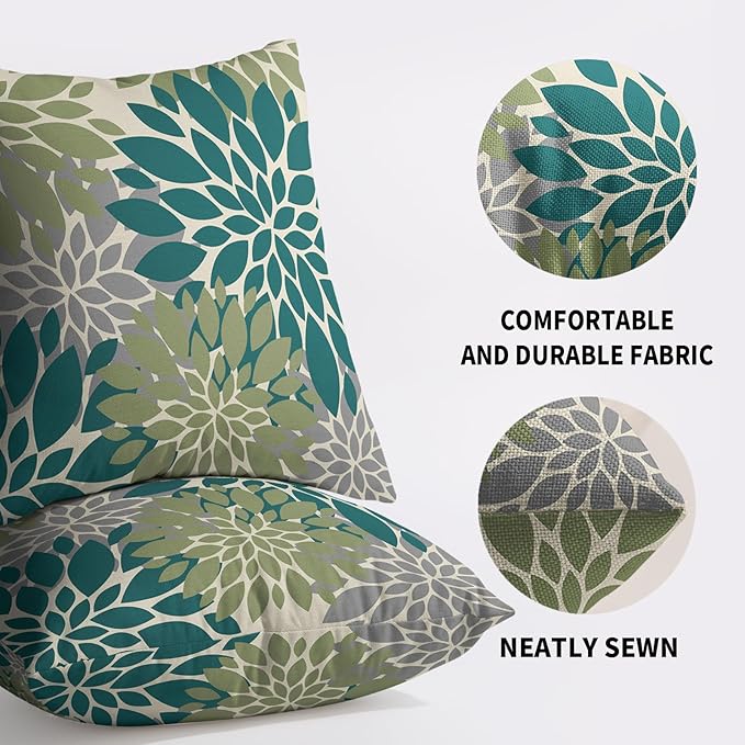 Teal Green Grey Gray Pillow Covers 20X20 Inch Set of 2, Spring Modern Geometry Dahlia Floral Print Decorative Throw Pillow Covers Outdoor Farmhouse Cushion Case for Couch Sofa Bed Decor