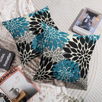 Black Turquoise Blue Pillow Covers 24X24 Inch Set of 2, Spring Summer Floral Dahlia Flower Cream Decorative Throw Pillow Covers Outdoor Modern Farmhouse Cushion Case for Home Couch Sofa Bed Decor