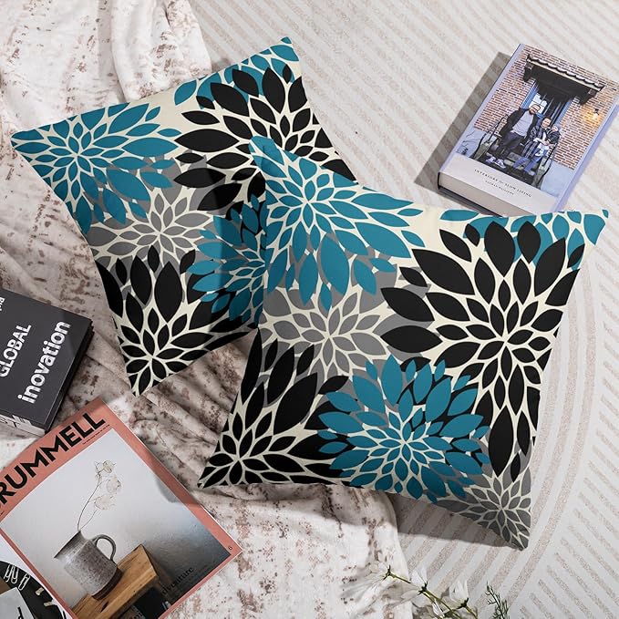 Black Turquoise Blue Pillow Covers 22X22 Inch Set of 2, Spring Summer Floral Dahlia Flower Cream Decorative Throw Pillow Covers Outdoor Modern Farmhouse Cushion Case for Home Couch Sofa Bed Decor