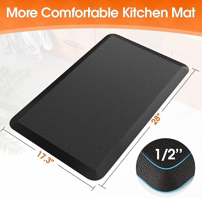 Kitchen Mat, Cushioned Thick Floor Comfort Mat, with Non-Slip Bottom, Water & Stain Resistant, Easy Clean Standing Desk Mat for Kitchen, Sink, Office (17.3"x28", Black)