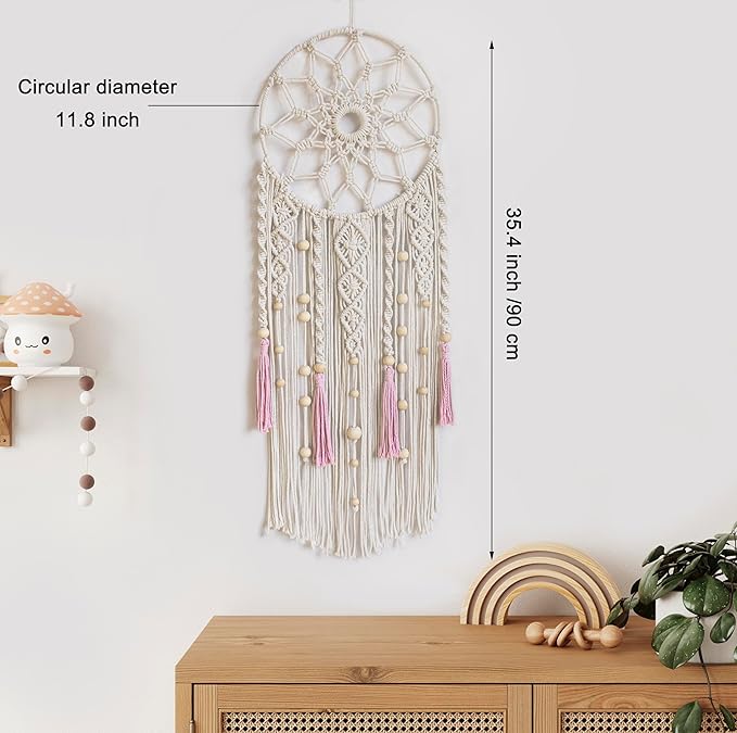 EOBTAIN Boho Macrame Wall Hanging Handmade Dream Catchers Pink and White Woven Tapestry Wall Decor Dreamcatcher Tassel Wall Art Bohemian Home Decor for Bedroom Living Room,Gifts for Girls Woman Mom