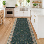 Vintage 2x7 Washable Runner Rug Non Slip for Kitchen, Bathroom, Hallway - Low Pile Stain Resistant 7ft Long Runner Rugs - Victorian Eclectic Floral Pastel Home Decor (2x7 Dark Green)
