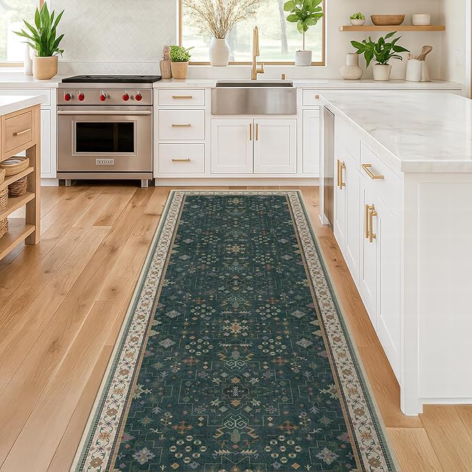 Dark Green Hallway Runner Rug 12 ft Long - Modern Vintage Boho Eclectic Floral with Brown Accent, Washable Low Pile Non-Slip Extra Long Wide Runner Rugs for Kitchen, 3x12