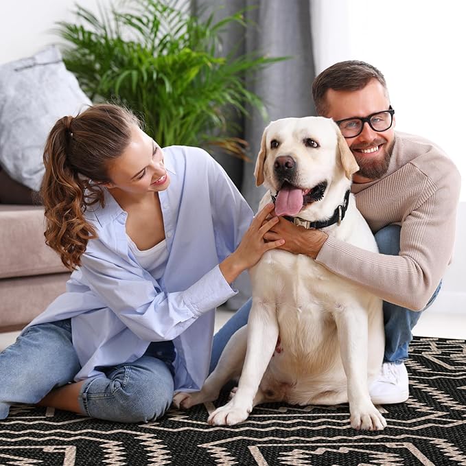 Lahome Bijou Moroccan Easy Jute Carpet, 5x7 Washable Rugs for Living Dining Room Indoor Outdoor Patio Rug, Farmhouse Non Slip Non Shedding Natural Black Carpet for Deck Backyard Entryway Classroom