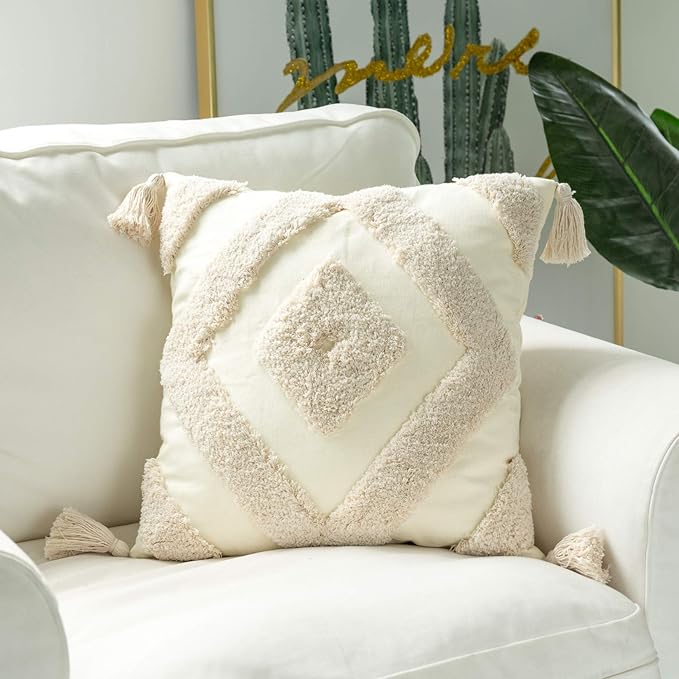 Snugtown Woven Tufted Boho Throw Pillow Cover Set of 2, Modern Decorative Geometric Diamond Chevron Cushion with Tassels, Farmhouse Tribal Pillowcase, 18 x 18 Inches, Ivory