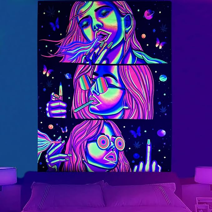 Trippy Tapestry Blacklight Tapestry for Bedroom Weed Decor Marijuana Cannabis Poster Smoking Tapestries Hippie Hippy Wall Tapestries Cool Asf Trippy Room Decor Weed Accessories Gifts 80"x 60"