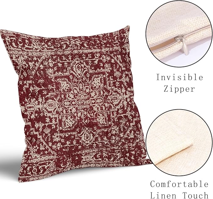 Burgundy Red Boho Throw Pillow Covers 22x22 Inch Decorative Square Beige Tan Gray Maroon Pillow Cases Bohemian Carpet Pattern Ethnic Cushion Covers Farmhouse Home Decor For Sofa Couch Outdoor Set of 2