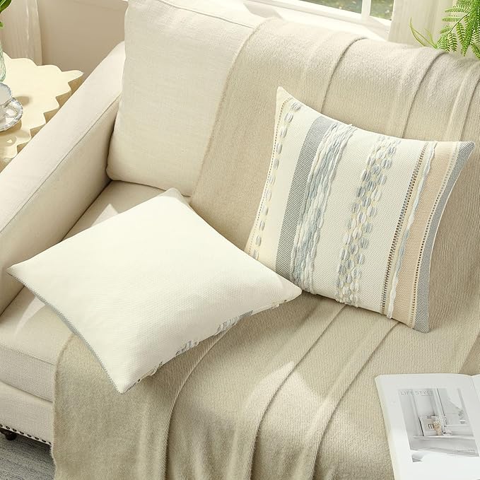 FUTEI Grey Blue White Decorative Throw Pillow Covers 20x20 Inch Set of 2, Soft Tufted Striped Textured Accent Cushion Case,Boho Pillows for Couch Decor