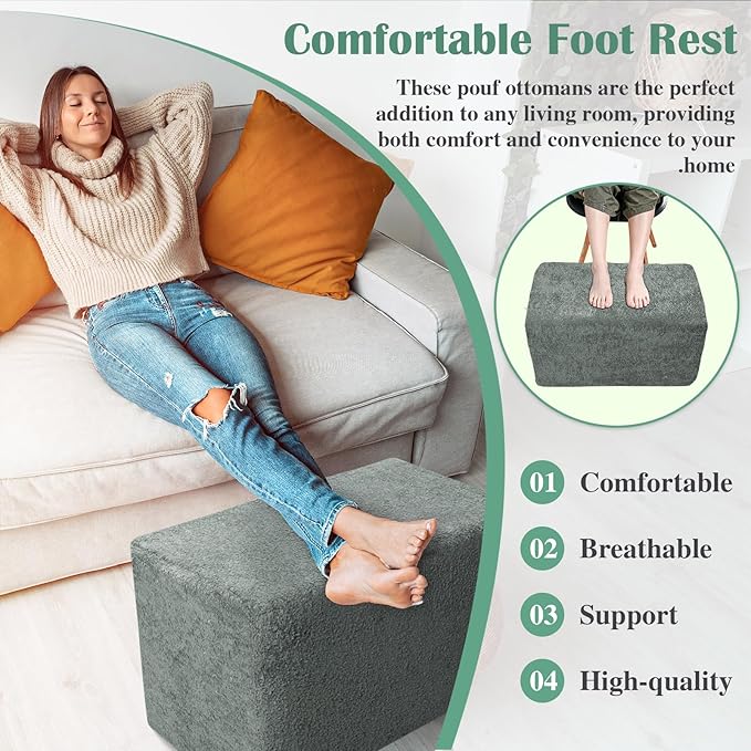 Rectangular Pouf Ottoman, Stuffed Floor Pouf with Foam Chunk Filling, Soft Coral Fleece Furry Foot Rest Stool, Multi-Use Ottoman for Living Room, Dark Grey