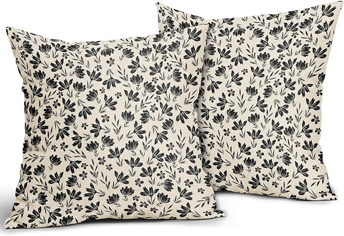 Black Floral Pillow Covers 16x16 Set of 2 Vintage Rustic Old Style Cute Small FlowerBlack Cream Print Decorative Outdoor Pillowcases Farmhouse Throw Cushion Case Decor for Couch Sofa Bed