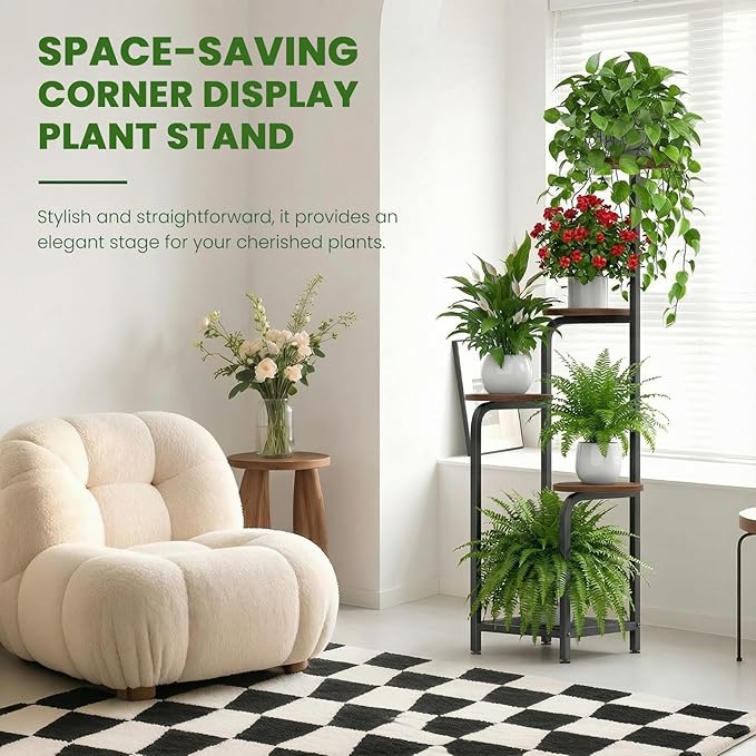 TOSKING 5 Tier Metal Anti-Tip Plant Stand indoor, Wide Base for Pots, Child and Pet Friendly ,Heavy Duty Plant Shelf ,Corner Shelf, Flower Pot Stand for Multiple Plants, Indoor Plants Tiered Stand for Living Room Balcony Garden Patio Bedroom(Black and ...
