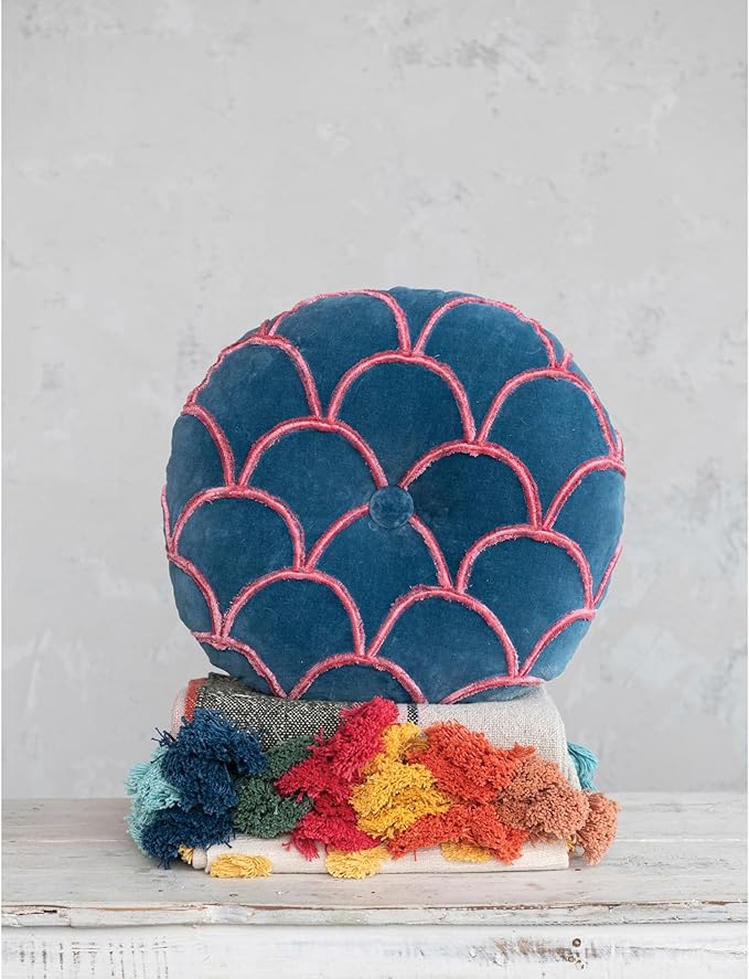 18 Inches Round Cotton Pillow with Tufted Scallop Pattern, Navy Blue and Pink