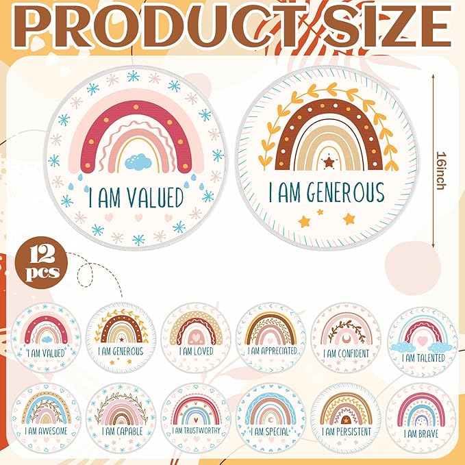 Tinideya 12 Pcs Kids Carpet Circle Seats for Class 16 Inch Round Classroom Rug Floor Cushions Soft First Day of School Educational Mat Non Slip Back to School Learning Playing Areas(Boho Rainbow)