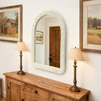 30" x 40" Arched Wall Mirror, Handwoven Natural Corn Husk Fiber with Light Whitewashed Finish, Warm Boho Coastal Style for Entryway, Bedroom, Living Room, Vertical Hanging